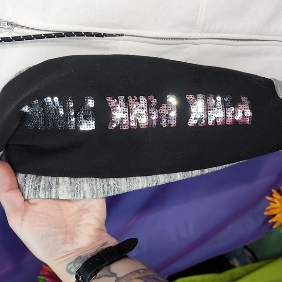 VS PINK - White and Gray Bling Hoodie with Metallic Detailing - Size Large - Picture 6 of 13